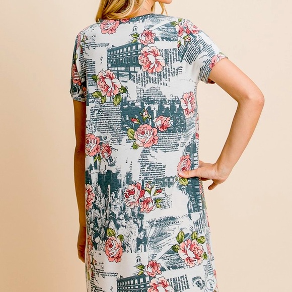 VIAMOR Rustic print Ivory Large Short Sleeve Crew Neck Floral Mid-Thigh T-Dress - Picture 4 of 7